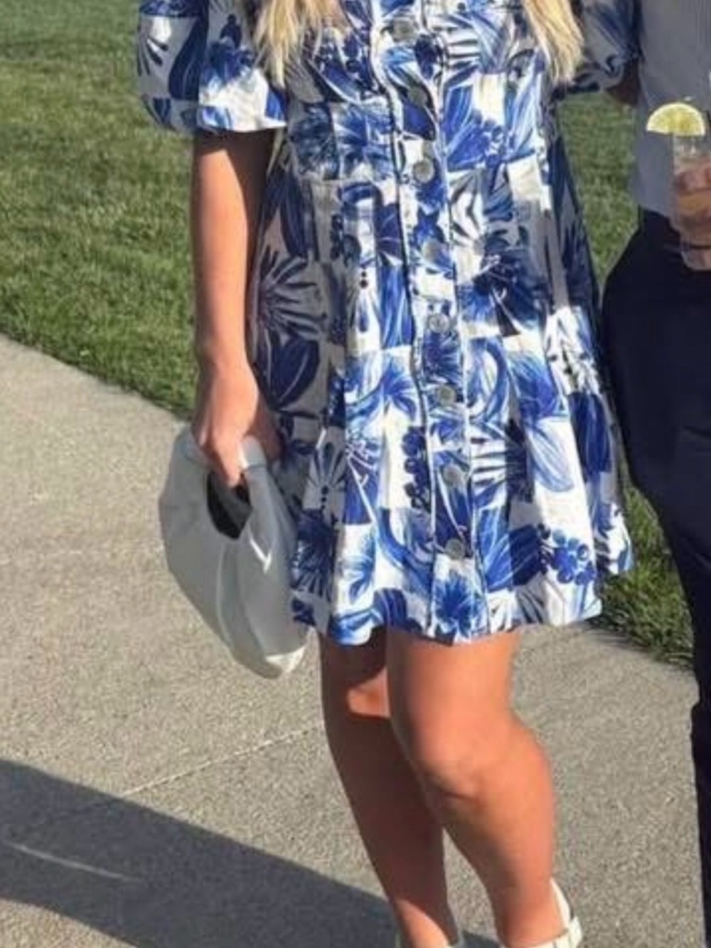FARM Rio Blue & White Floral Puff-Sleeve Mini Dress Tiles Linen Mini - Picture 3 of 3